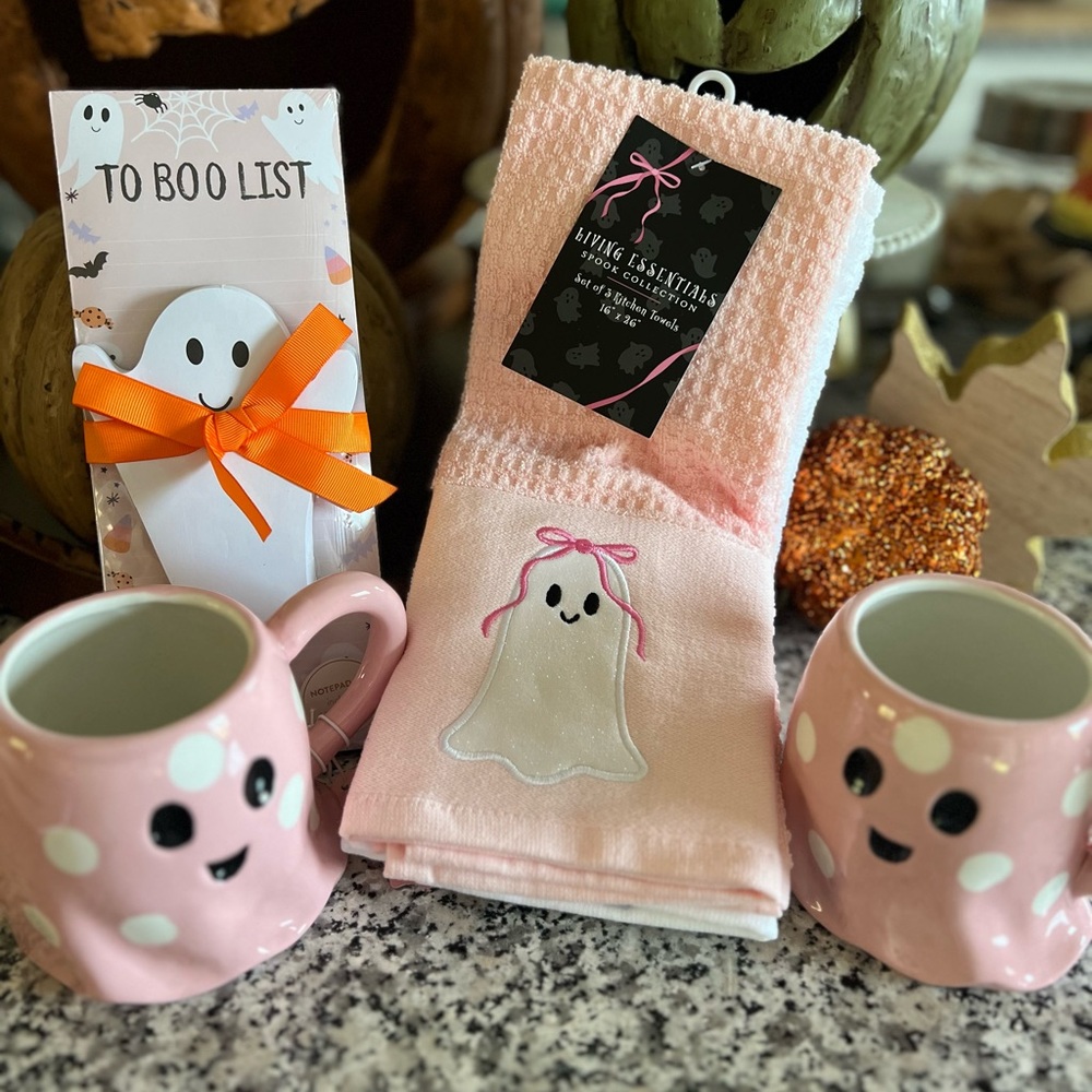 Pink Ghost Mug and Kitchen Towel Set